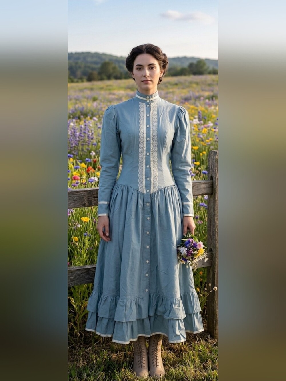 Gunne Sax Jessica McClintock VTG 70s Blue Western Prarie Dress Lace 9 S M NEW